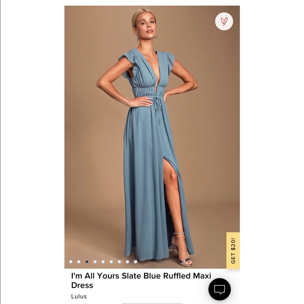 Lulu’s I’m All Yours Slate Blue Ruffled Maxi Dress with Slit